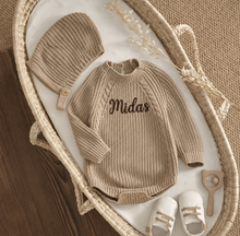 Load image into Gallery viewer, Personalised Knitted Baby Romper & Bonnet Set – Custom Name Embroidered