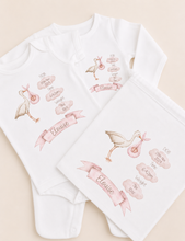 Load image into Gallery viewer, Personalised Baby Stork Gift Set – Sleepsuit, Bodysuit &amp; Muslin Cloth | New Baby Keepsake
