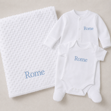 Load image into Gallery viewer, Personalised Embroidered Baby Gift Set – Blanket, Sleepsuit &amp; Bodysuit | 100% Cotton
