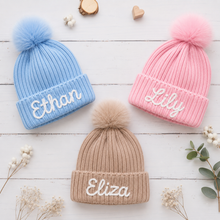Load image into Gallery viewer, Personalised Hand Embroidered Pompom Knit Winter Hat
