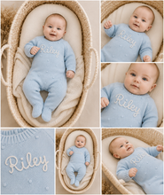 Load image into Gallery viewer, Personalised Hand Embroidered Baby Romper | Custom Name Knitted Romper | Baby Gift
