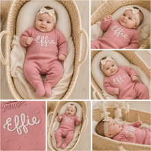 Load image into Gallery viewer, Personalised Hand Embroidered Baby Romper | Custom Name Knitted Romper | Baby Gift
