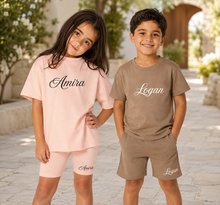 Load image into Gallery viewer, Personalised Children’s Lounge Set | Custom Name T-Shirt &amp; Shorts | Kids Summer Outfit 7 Colours
