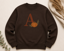 Load image into Gallery viewer, Personalised Autumn Pumpkin &amp; Initial Sweatshirt | Chocolate or Burgundy Jumper
