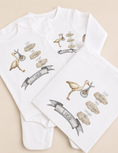 Load image into Gallery viewer, Personalised Baby Stork Gift Set – Sleepsuit, Bodysuit &amp; Muslin Cloth | New Baby Keepsake
