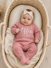Load image into Gallery viewer, Personalised Hand Embroidered Baby Romper | Custom Name Knitted Romper | Baby Gift
