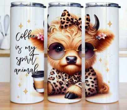 Highland Cow Leopard Coffee Is My Spirit Animal 20oz Tumbler Heart Sunglasses - Can Be Personalised