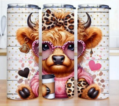 Highland Cow Leopard 20oz Tumbler Heart Sunglasses - Can Be Personalised